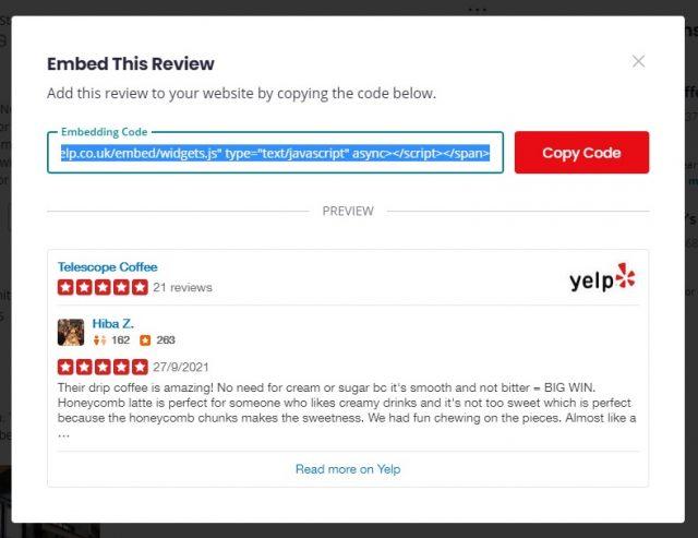 Embed Yelp Review