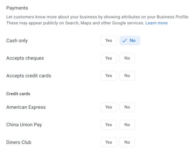 Google Business Profile Attributes - Payments